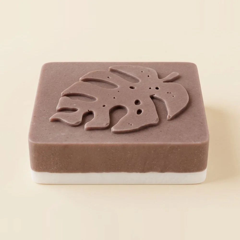 Jabón de arcilla blanca y roja con romero, rectangular, diseño monstera
