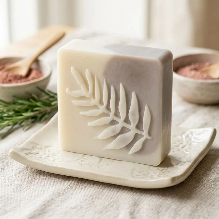 Jabón de arcilla rosa, rectangular, diseño helecho, sobre una jabonera con arcillas y romero