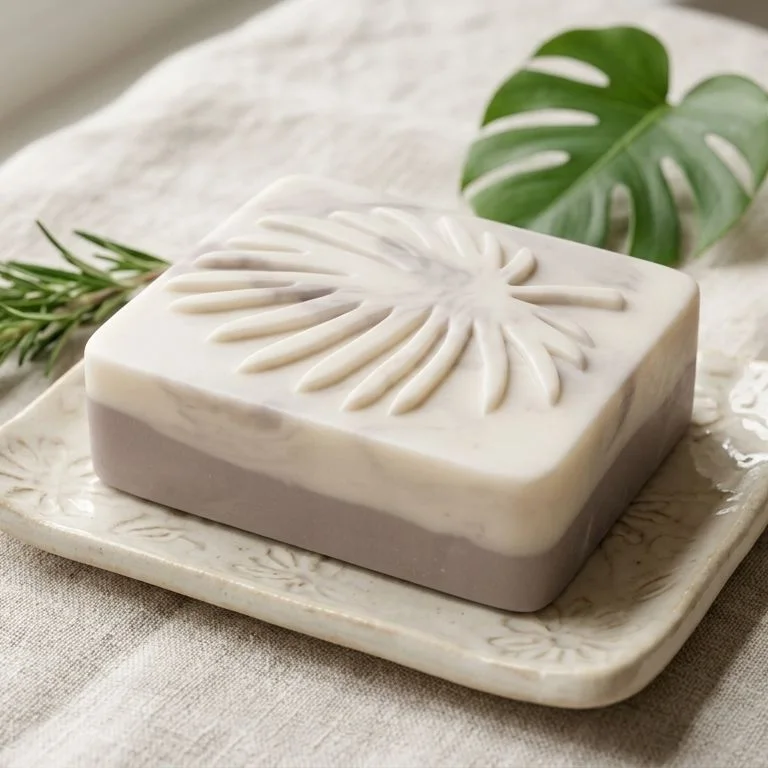 Jabón de arcilla rosa, rectangular, diseño hoja de palma, sobre una jabonera con arcillas y romero
