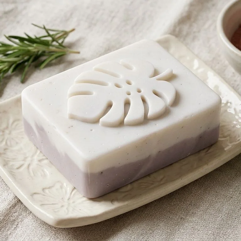 Jabón de arcilla rosa, rectangular, diseño monstera, sobre una jabonera con arcillas y romero