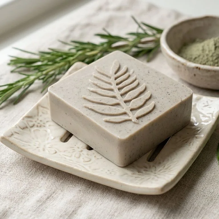 Jabón de arcilla verde bentonita, rectangular, diseño helecho, sobre una jabonera con arcillas y romero
