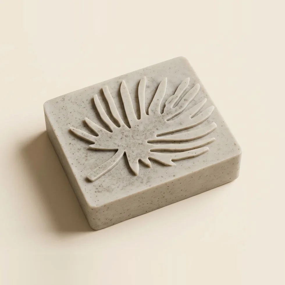 Jabón de arcilla verde bentonita, rectangular, diseño hoja de palma