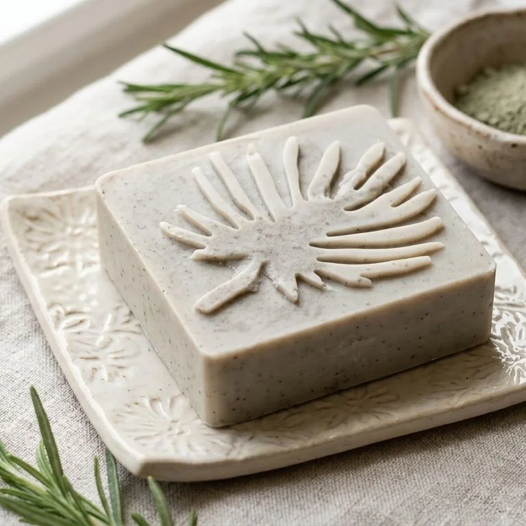 Jabón de arcilla verde bentonita, rectangular, diseño hoja de palma, sobre una jabonera con arcillas y romero