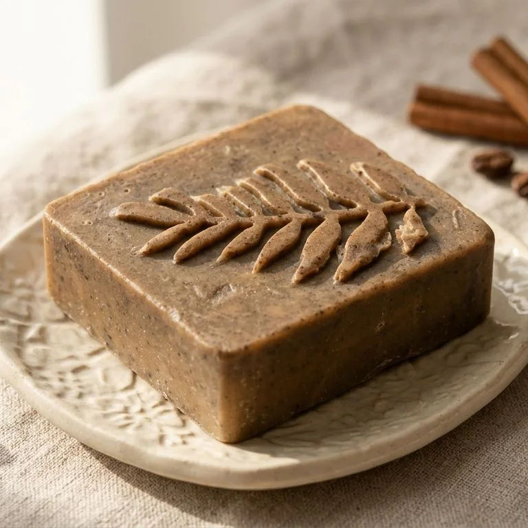 Jabón artesanal de café y canela, rectangular, sobre una jabonera