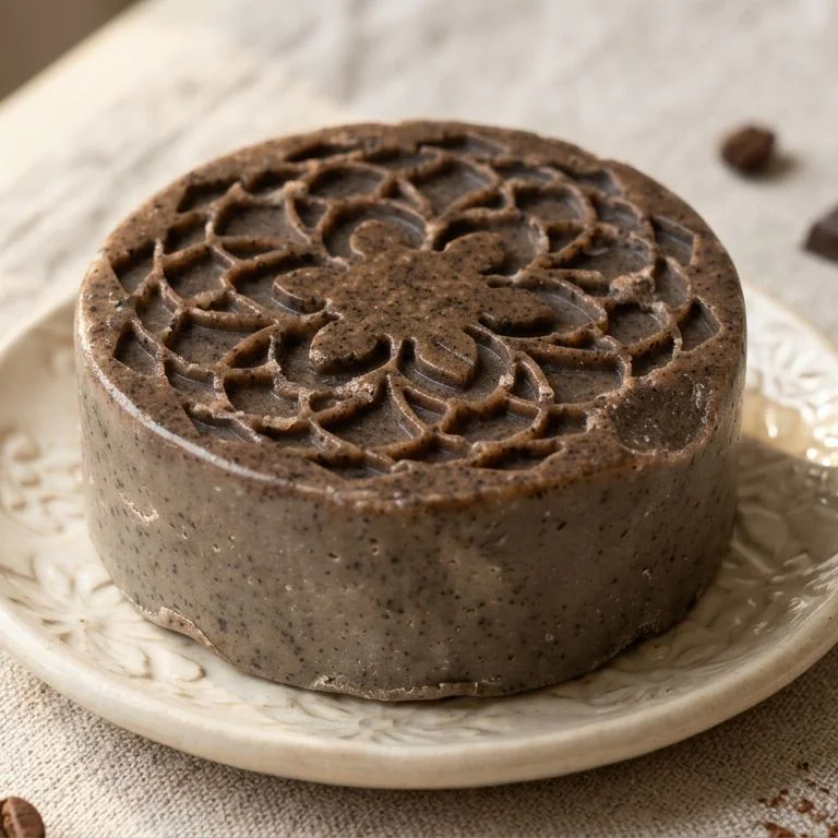 Jabón artesanal de chocolate y café, mandala, sobre una jabonera