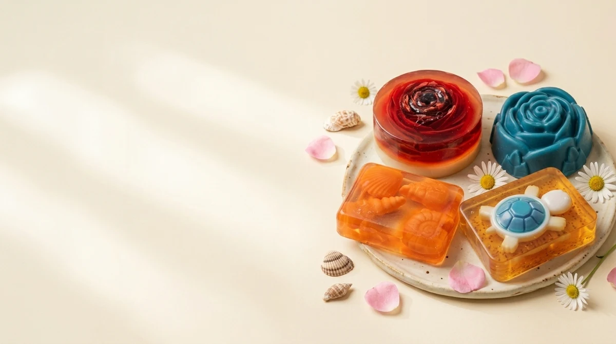 Jabones de glicerina de tocador con incrustaciones de caracoles, tortuga y flor, y un jabón de tocador con forma de rosa azul