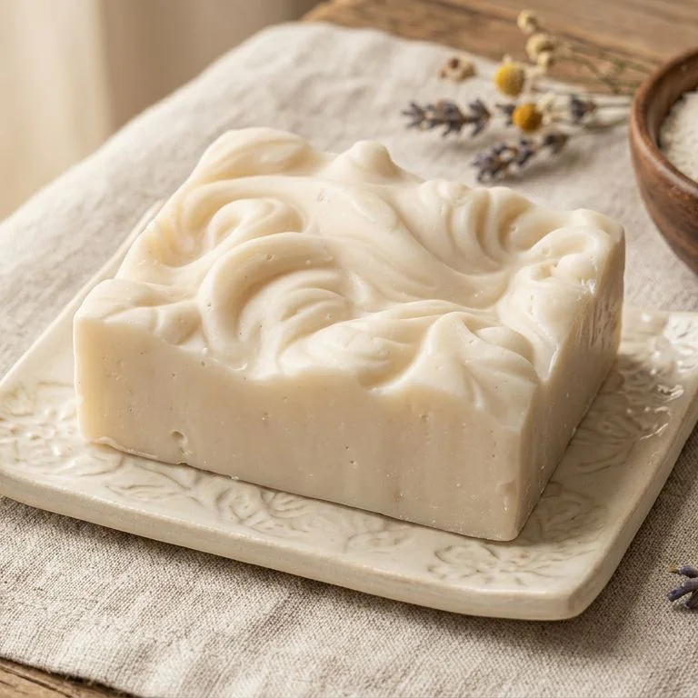 Jabón artesanal de harina de arroz, rectangular, sobre una jabonera