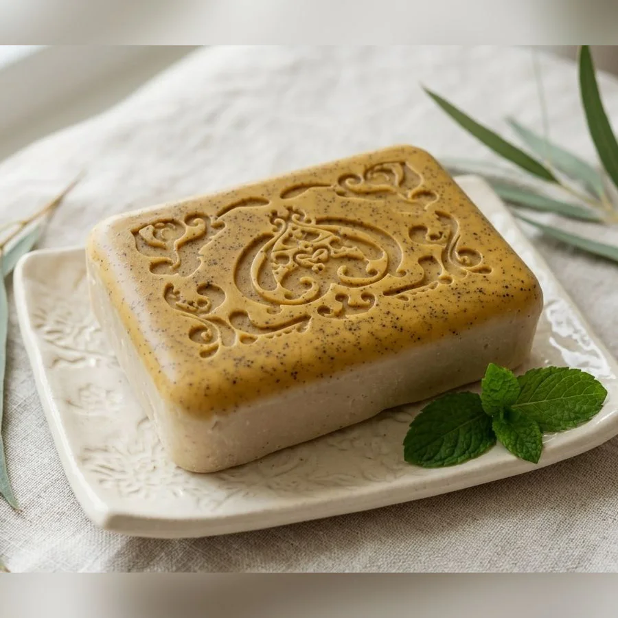 Jabón artesanal de eucalipto hoja fina y menta, sobre una jabonera