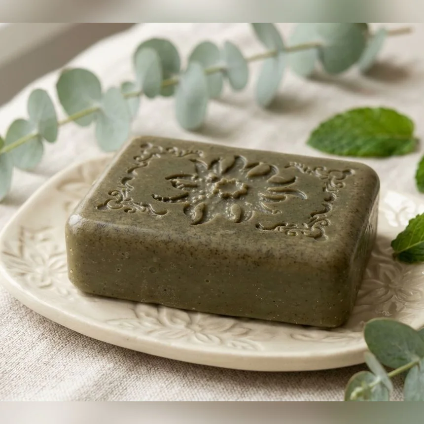 Jabón artesanal de eucalipto hoja redonda y menta, sobre una jabonera