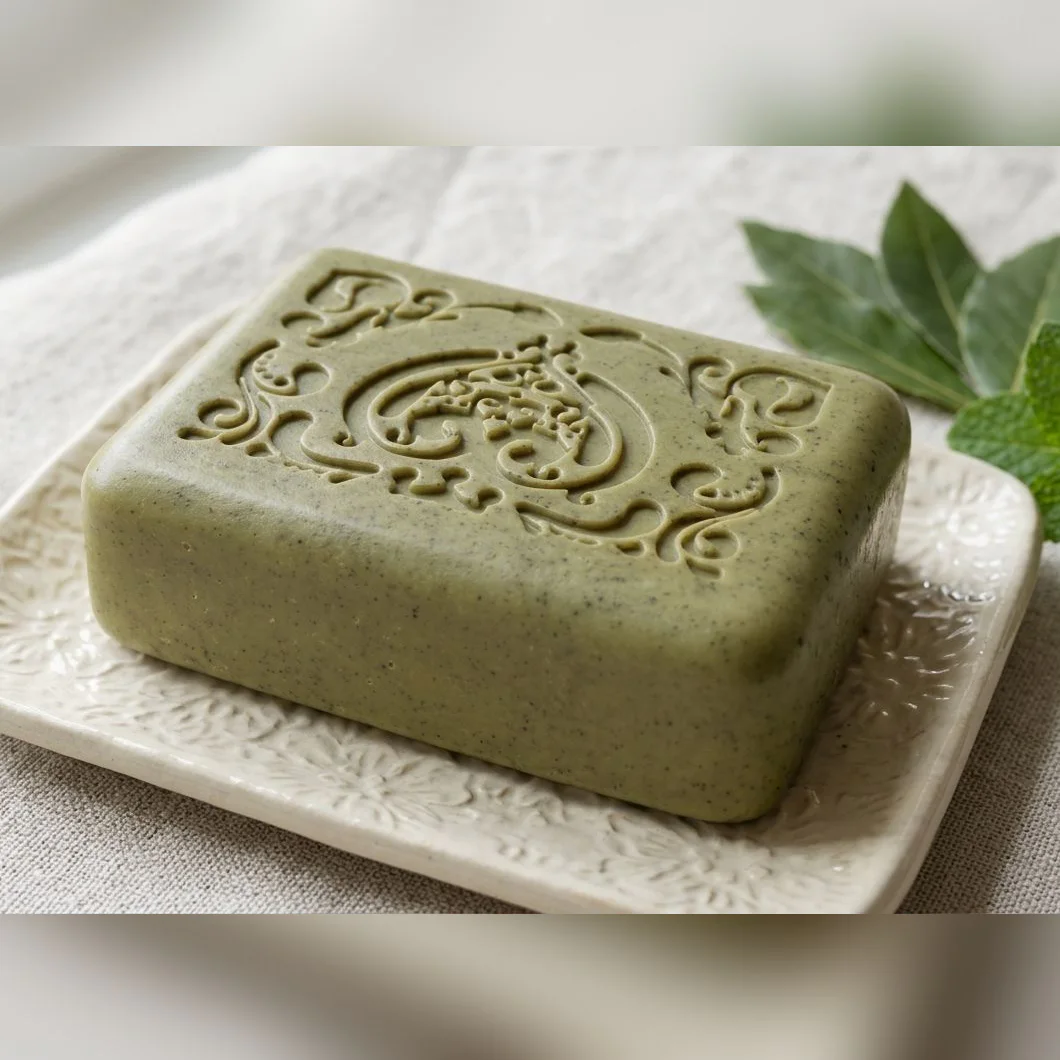 Jabón artesanal de laurel y menta, sobre una jabonera