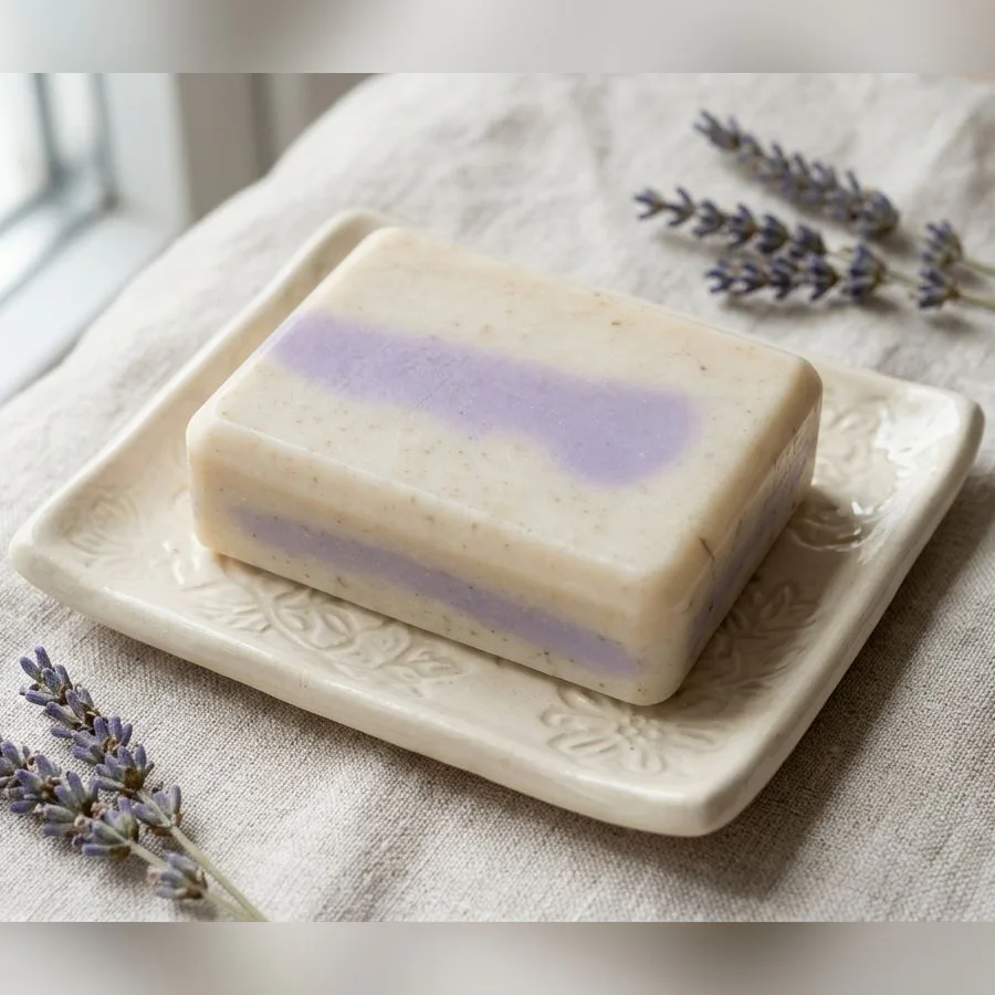 Jabón artesanal de lavanda, base blanca, sobre una jabonera