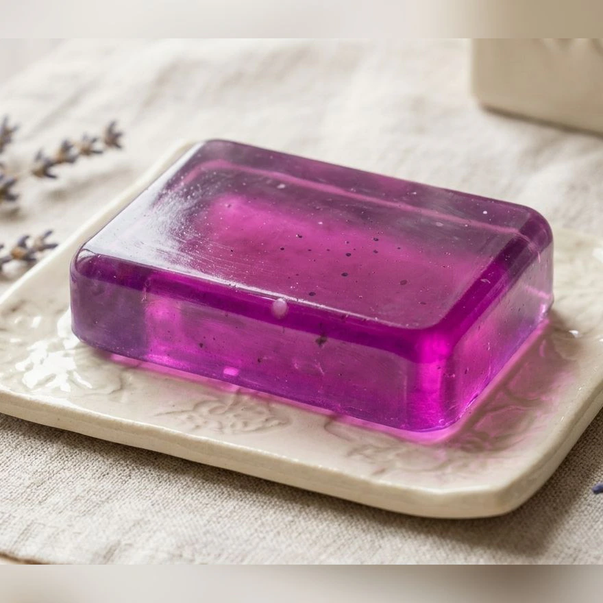Jabón artesanal de lavanda, base transparente, sobre una jabonera