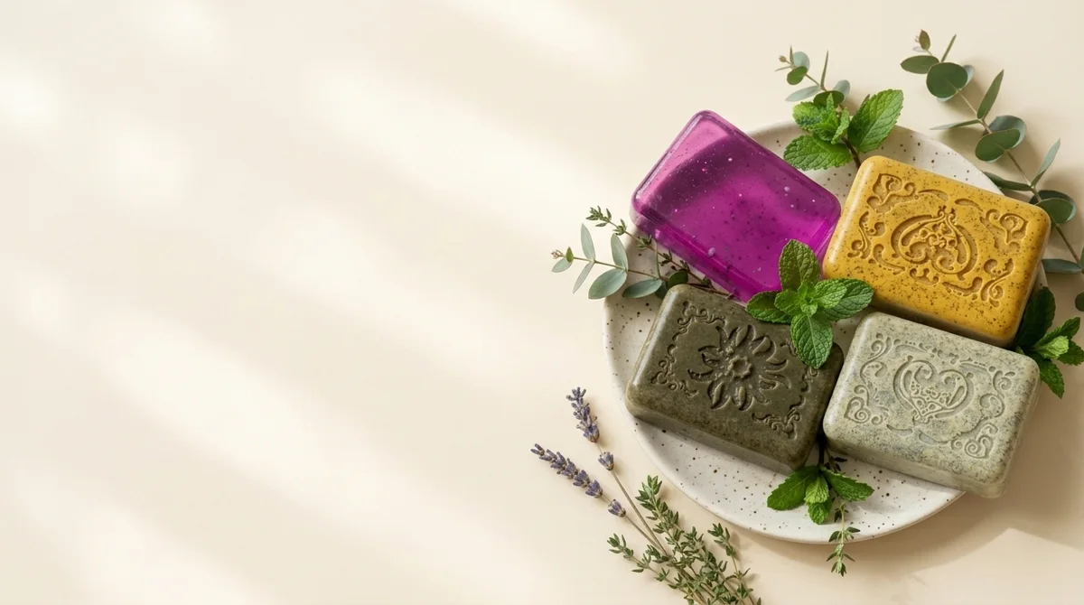 Jabones herbales de lavanda, eucalipto, menta y laurel sobre una bandeja, con hierbas frescas