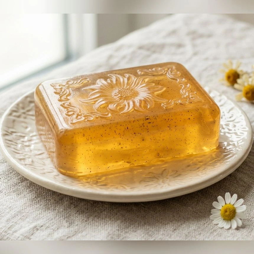 Jabón artesanal de manzanilla, base transparente, sobre una jabonera