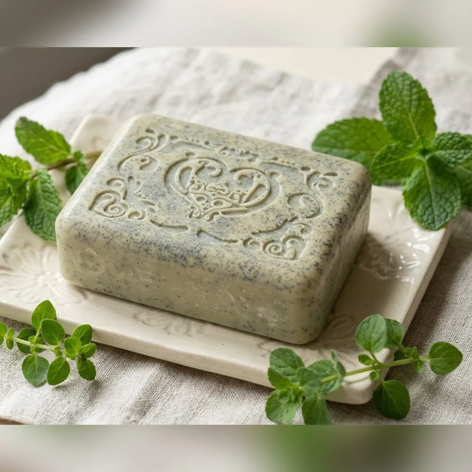 Jabón artesanal de menta y peperina, sobre una jabonera