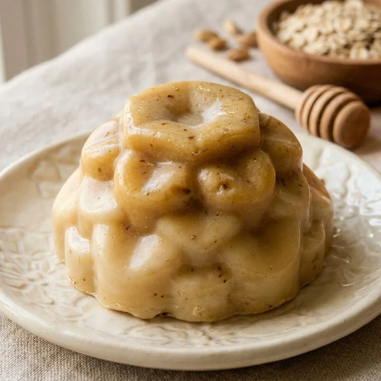 Jabón artesanal de miel, avena y pomelo, sobre una jabonera