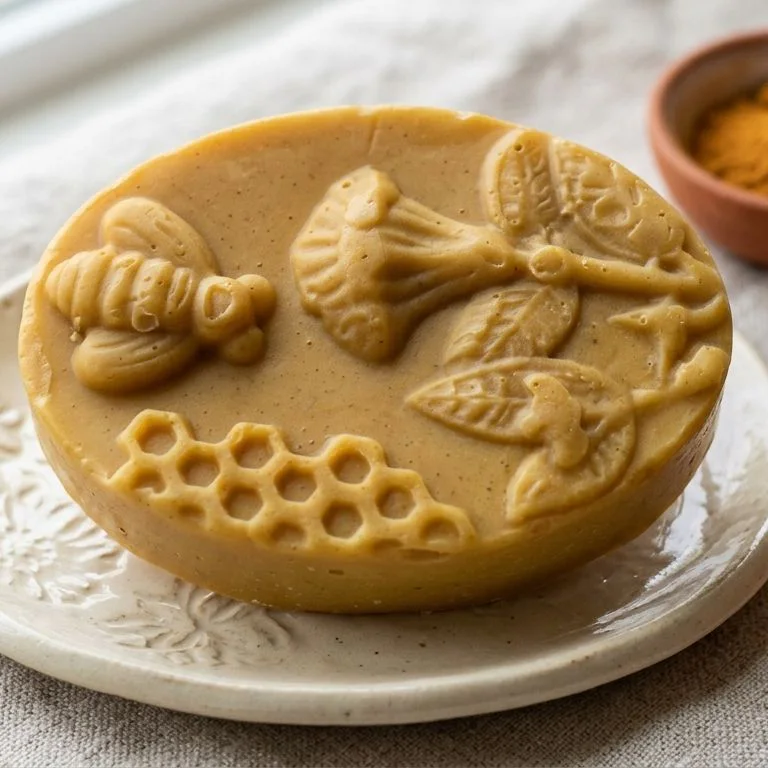 Jabón artesanal de miel y cúrcuma, abeja y flores, sobre una jabonera