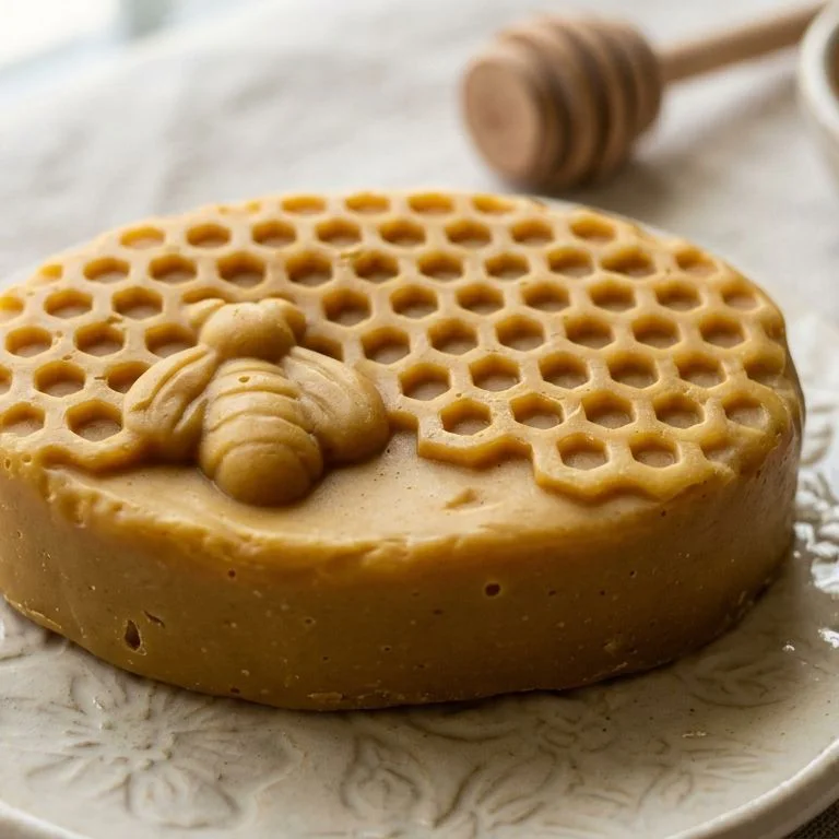 Jabón artesanal de miel y cúrcuma, ovalado con panal, sobre una jabonera