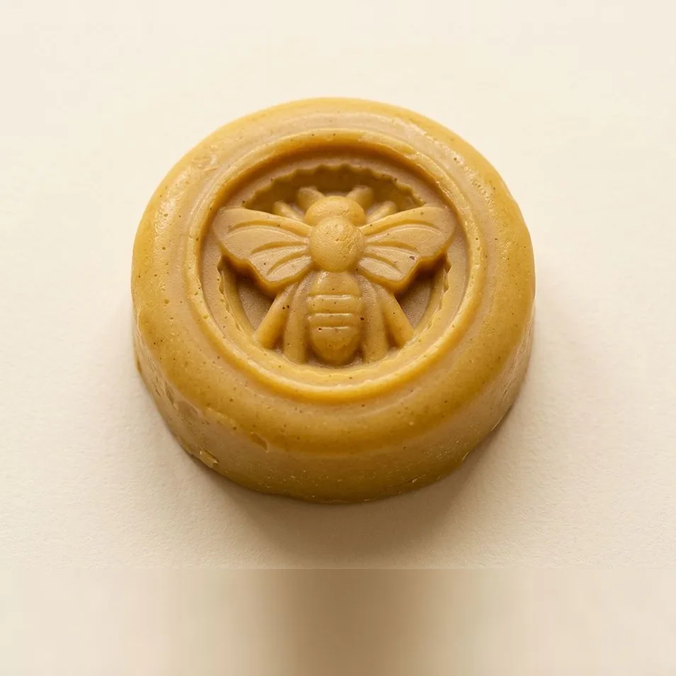 Jabón artesanal de miel y cúrcuma, redondo con abeja