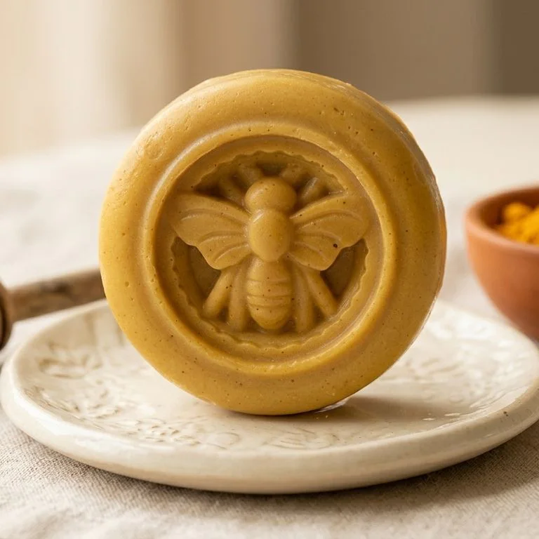 Jabón artesanal de miel y cúrcuma, redondo con abeja, sobre una jabonera