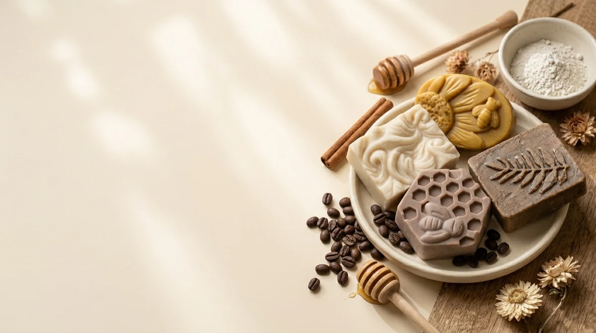 Jabones naturales de harina de arroz, café y canela, miel y cúrcuma y miel y caolín sobre un plato, con granos de café y miel