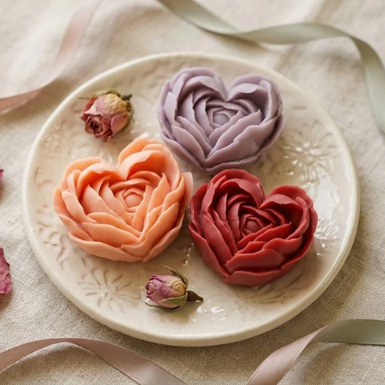 Jabones rosa corazón sobre un plato de cerámica, con pétalos de rosa y una cinta