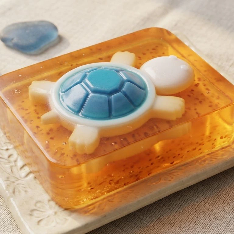 Jabón artesanal de tocador con incrustaciones, tortuga naranja, sobre una jabonera