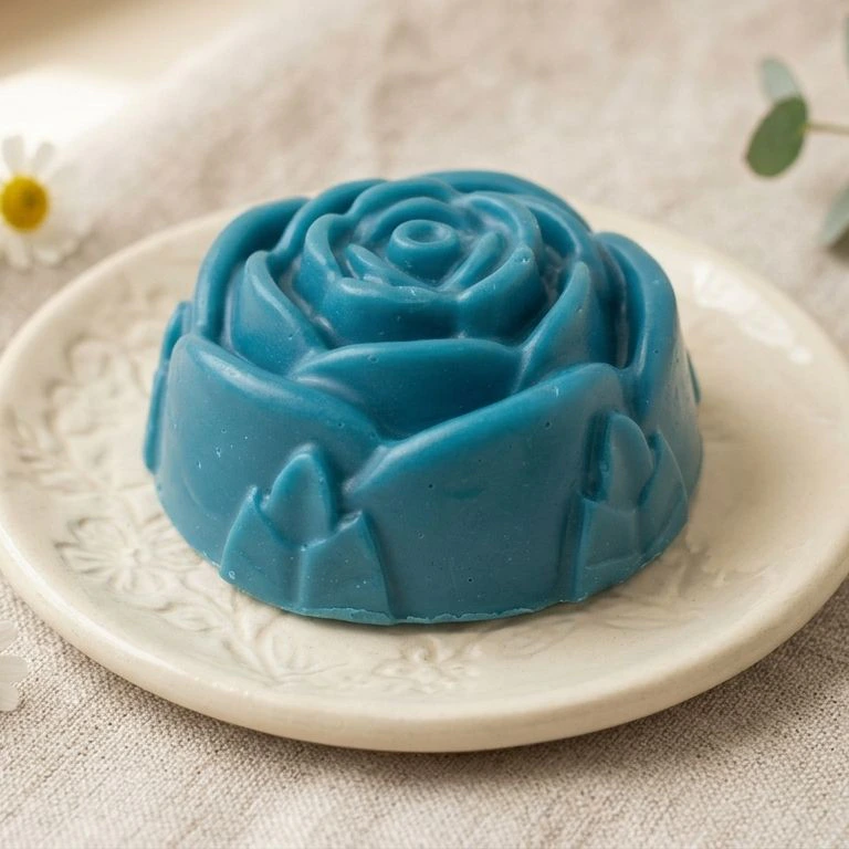 Jabón artesanal de tocador, rosa azul, sobre una jabonera